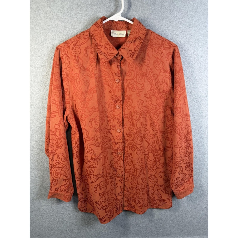 Studio Works Blouse Womens Small Orange Floral Button Up Long Sleeve Top